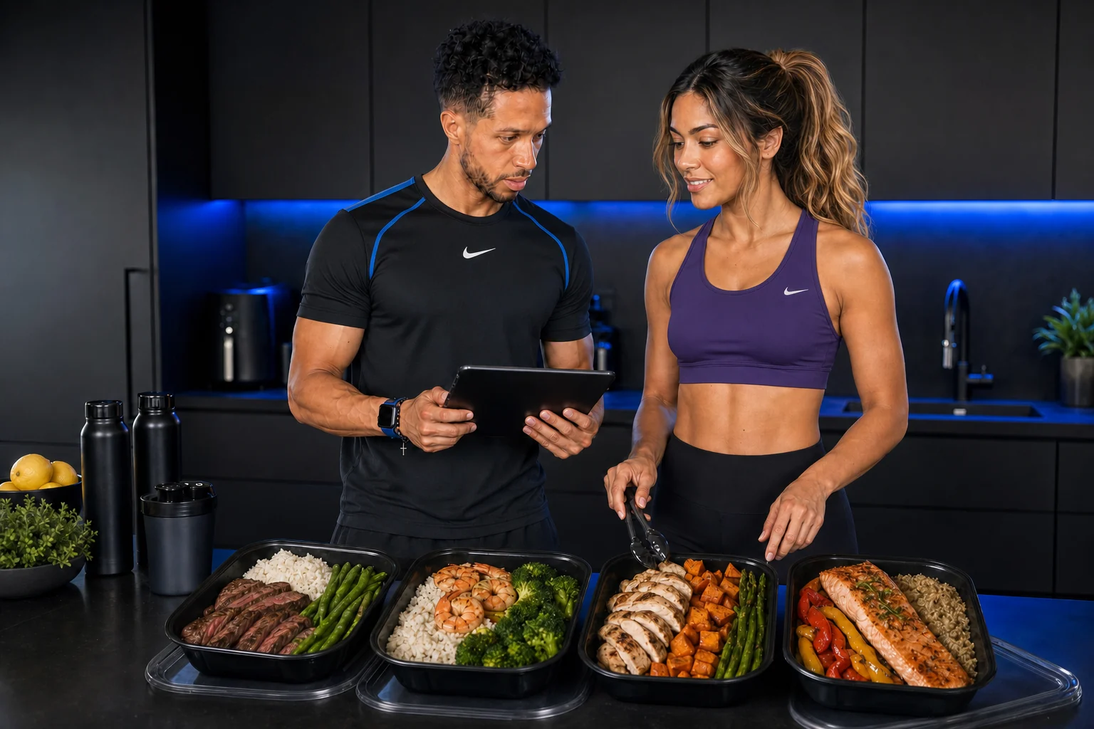 Ryan and his client organizing healthy meal prep and a personalized workout plan