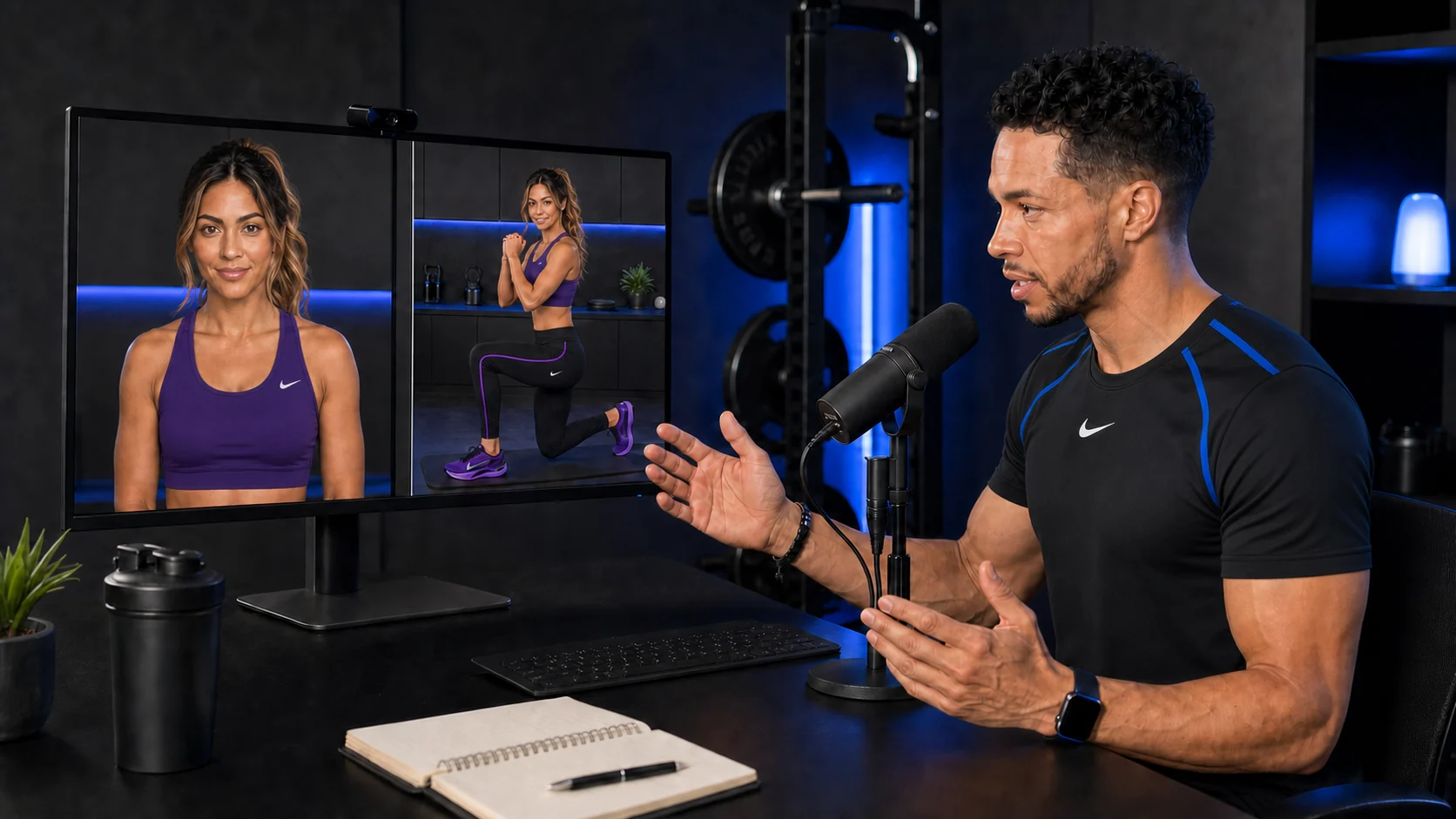 Ryan coaching a client live on camera, her portrait and a reverse lunge shown side by side on his monitor